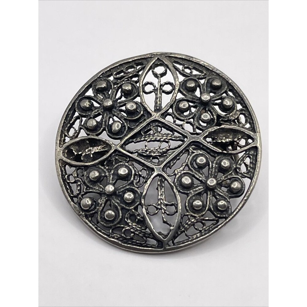 VINTAGE .925 STERLING SILVER BROOCH PIN W/ FILIGREE‎ DESIGN ROUND ART DECO AL5.5